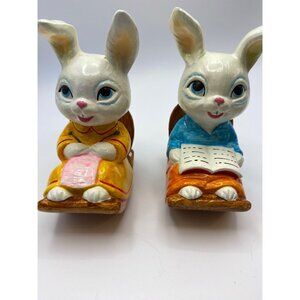 Vintage 1950’s Ceramic Bunny Figurines Set Knitting & Reading Hand-Painted Colle